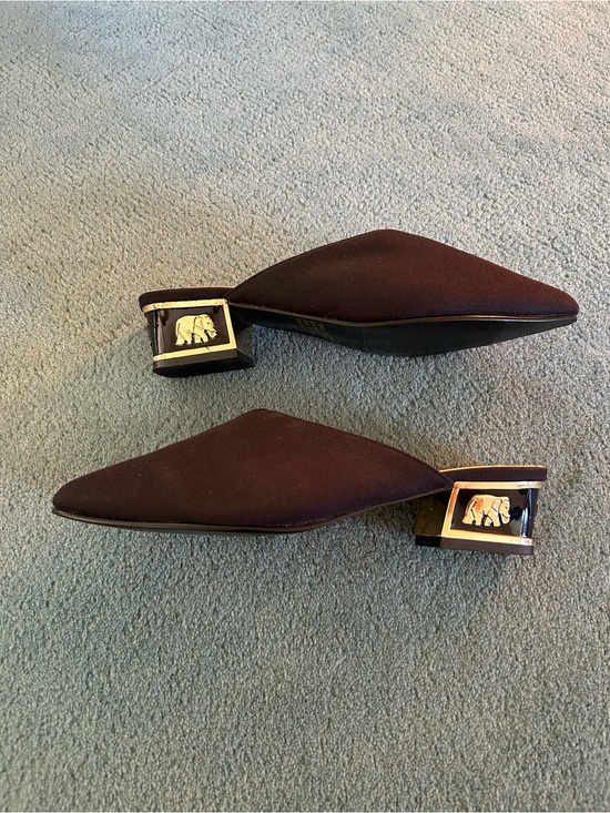 Coup D'Etat Shoes - Vintage Black Mule Slides with Decorative Gold Elephant 1.5” Heel
